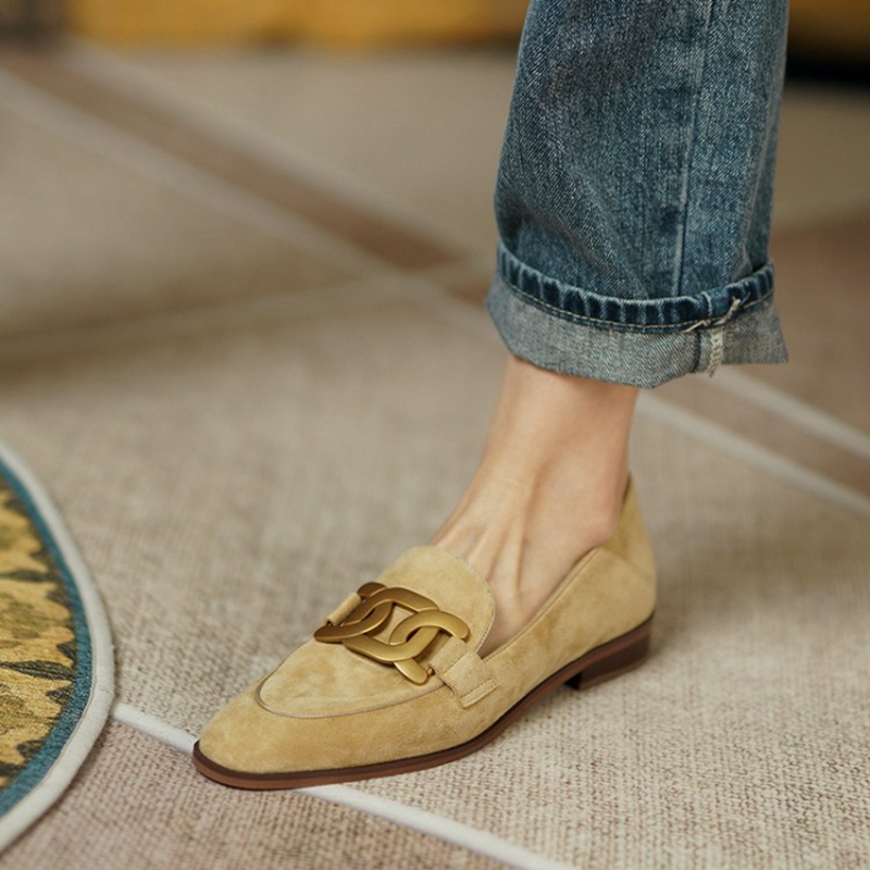 Heels - หนังนิ่มหนังผู้หญิง Loafers ฤดูใบไม้ผลิ/ฤดูใบไม้ร่วงรองเท้าส้นสูงผู้หญิงรองเท้ารอบ Toe Chunky ส้นปั๊มโลหะหัวเข็มขัดรองเท้าสำหรับสตรี
