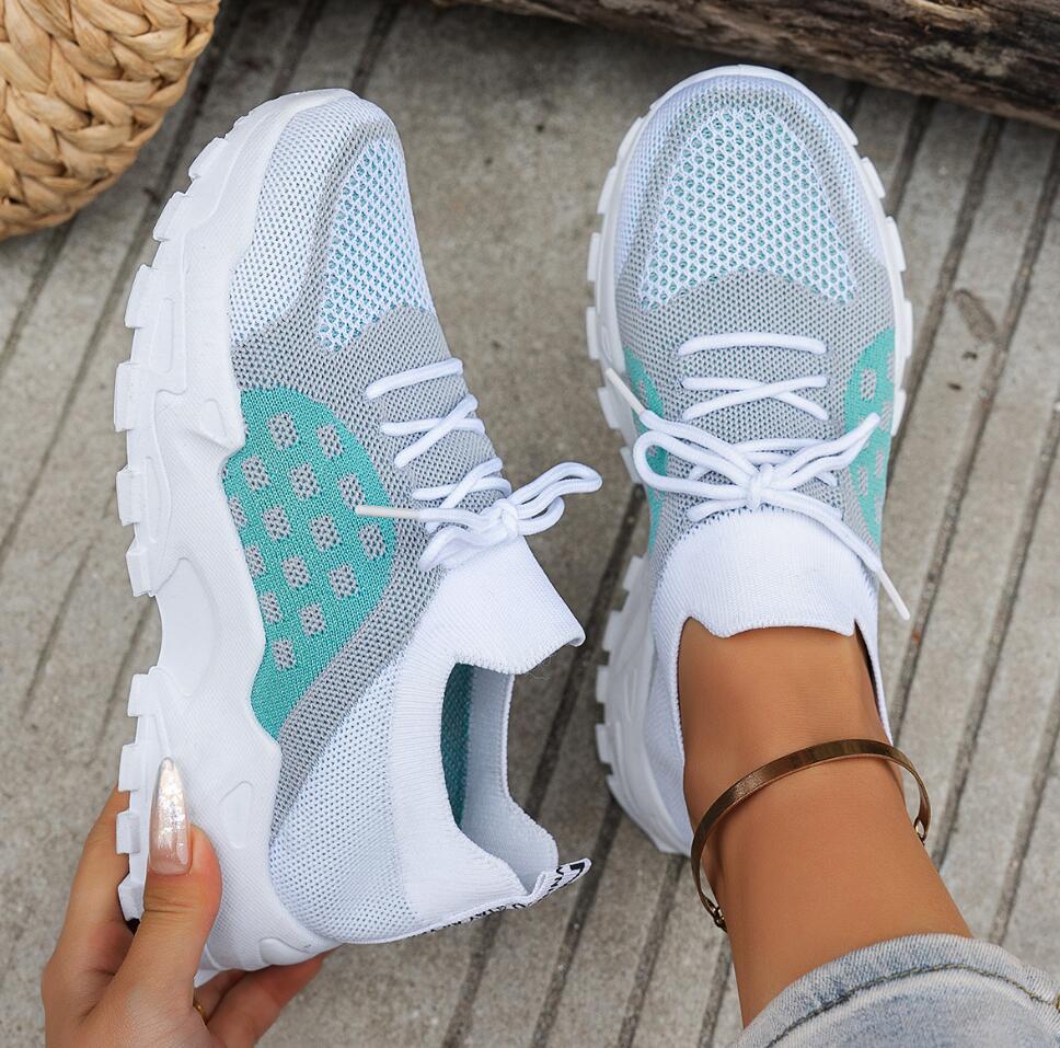 รองเท้ากีฬาผู้หญิงแบบถักตาข่าย - Knit Fabric Lace Up Sneakers บทวิจารณ์และราคา