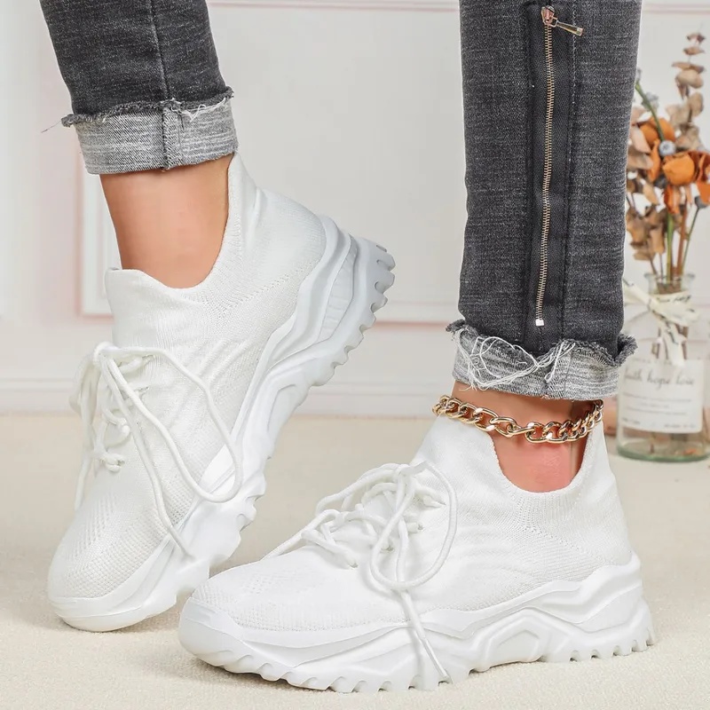 รองเท้าผ้าใบแฟชั่นพื้นหนาสำหรั - Knit Fabric Lace Up Sneakers บทวิจารณ์และราคา
